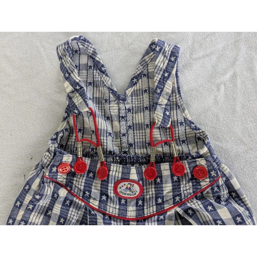 Vtg 3-6 MO Oshkosh B’Gosh Blue Plaid Star Overalls Vestbak USA Patriotic Cotton